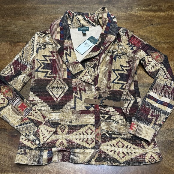 Lauren Jeans Co. Ralph Lauren Aztec Navajo Cardigan‎ Sweater Belt NEW XS petite - Picture 1 of 10